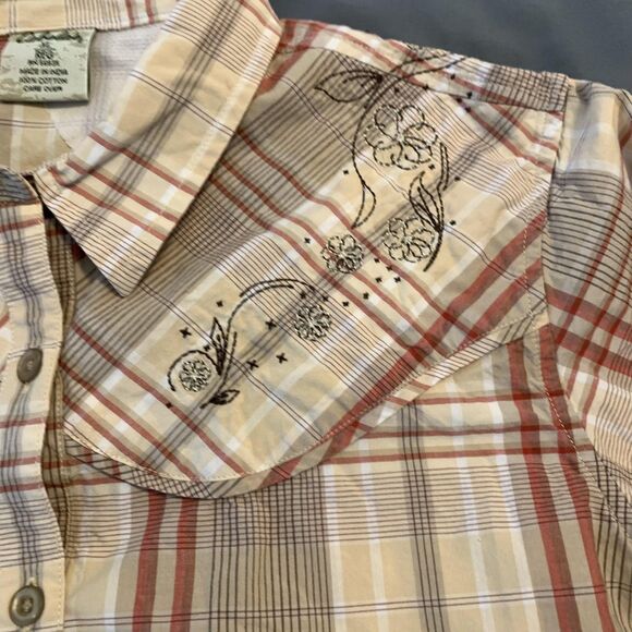 Cabelas Shirt Womens XL Beige Plaid Long Sleeve Western Floral Embroidered - Picture 3 of 8